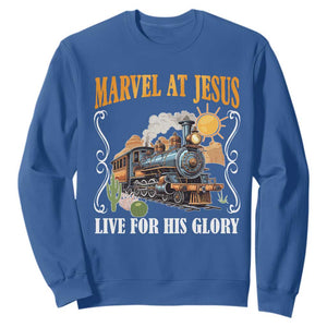 Summer VBS 2025 Sweatshirt Marvel at Jesus Live for His Glory Christian Bible Camp TS02 Royal Blue Print Your Wear