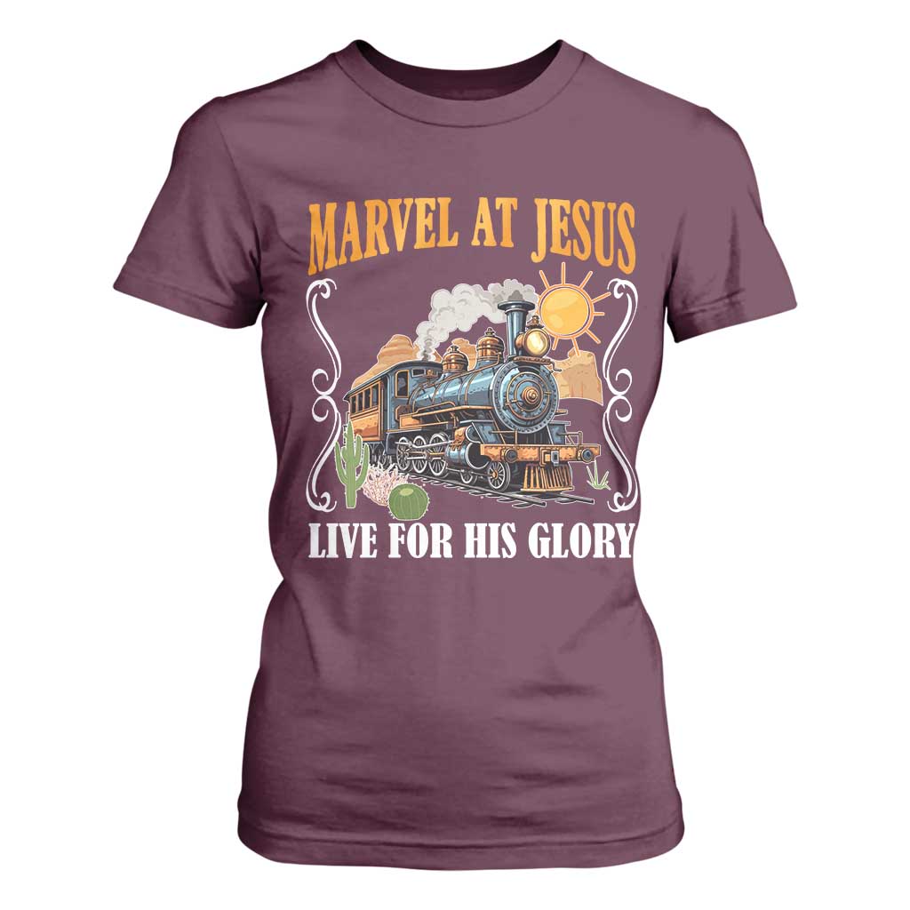 Summer VBS 2025 T Shirt For Women Marvel at Jesus Live for His Glory Christian Bible Camp TS02 Maroon Print Your Wear