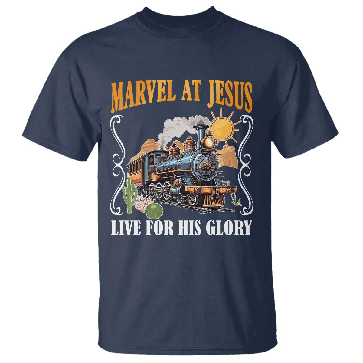 Summer VBS 2025 T Shirt Marvel at Jesus Live for His Glory Christian Bible Camp TS02 Navy Print Your Wear
