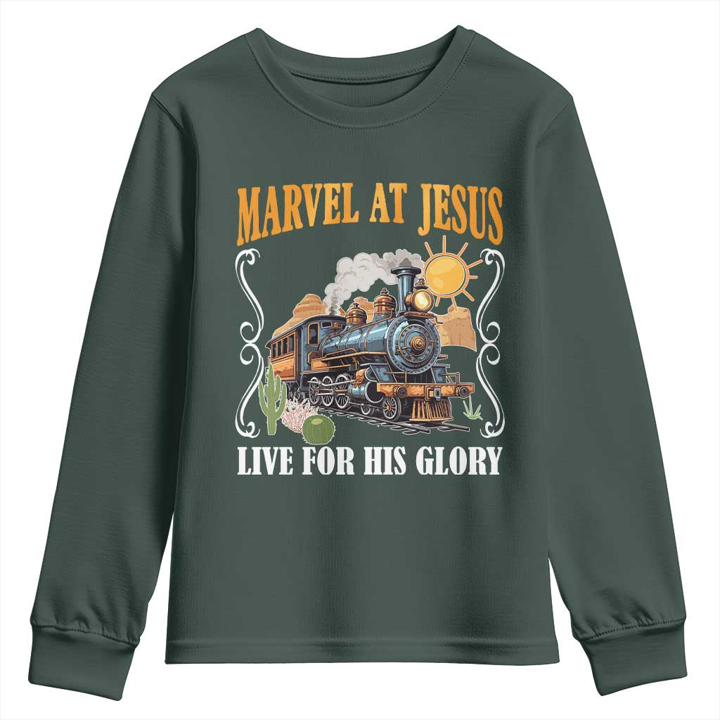 Summer VBS 2025 Youth Sweatshirt Marvel at Jesus Live for His Glory Christian Bible Camp TS02 Dark Forest Green Print Your Wear