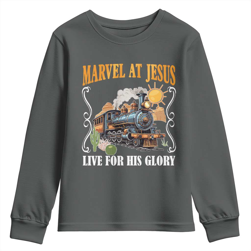 Summer VBS 2025 Youth Sweatshirt Marvel at Jesus Live for His Glory Christian Bible Camp TS02 Dark Heather Print Your Wear