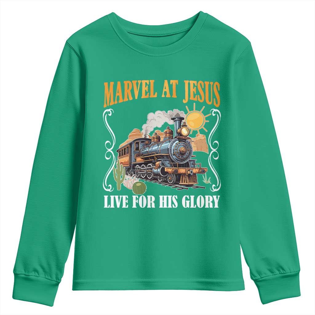 Summer VBS 2025 Youth Sweatshirt Marvel at Jesus Live for His Glory Christian Bible Camp TS02 Irish Green Print Your Wear