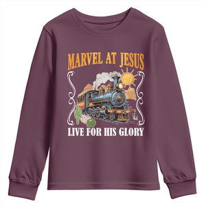 Summer VBS 2025 Youth Sweatshirt Marvel at Jesus Live for His Glory Christian Bible Camp TS02 Maroon Print Your Wear