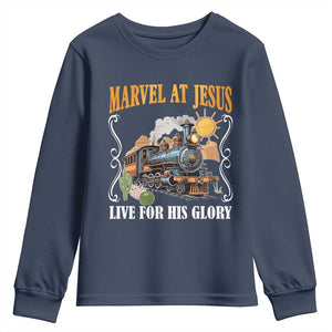 Summer VBS 2025 Youth Sweatshirt Marvel at Jesus Live for His Glory Christian Bible Camp TS02 Navy Print Your Wear
