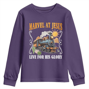 Summer VBS 2025 Youth Sweatshirt Marvel at Jesus Live for His Glory Christian Bible Camp TS02 Purple Print Your Wear