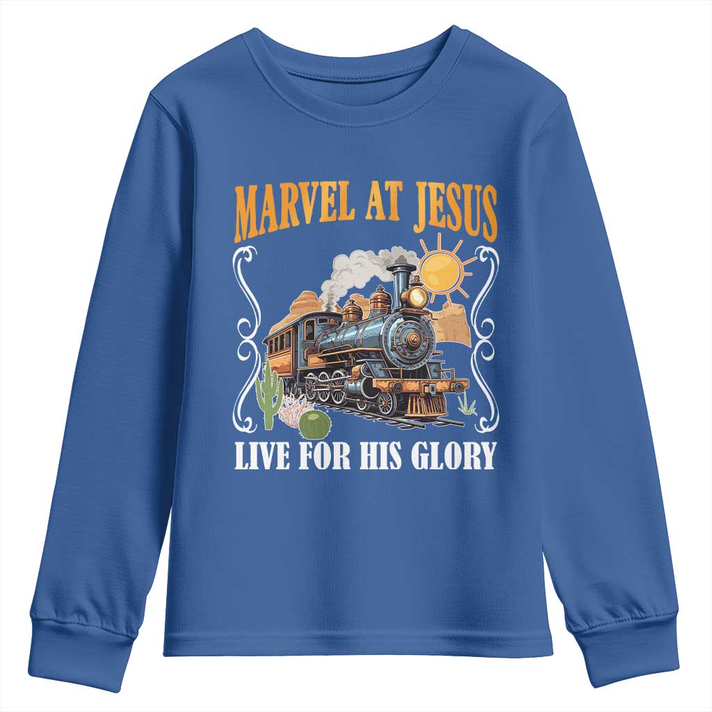 Summer VBS 2025 Youth Sweatshirt Marvel at Jesus Live for His Glory Christian Bible Camp TS02 Royal Blue Print Your Wear