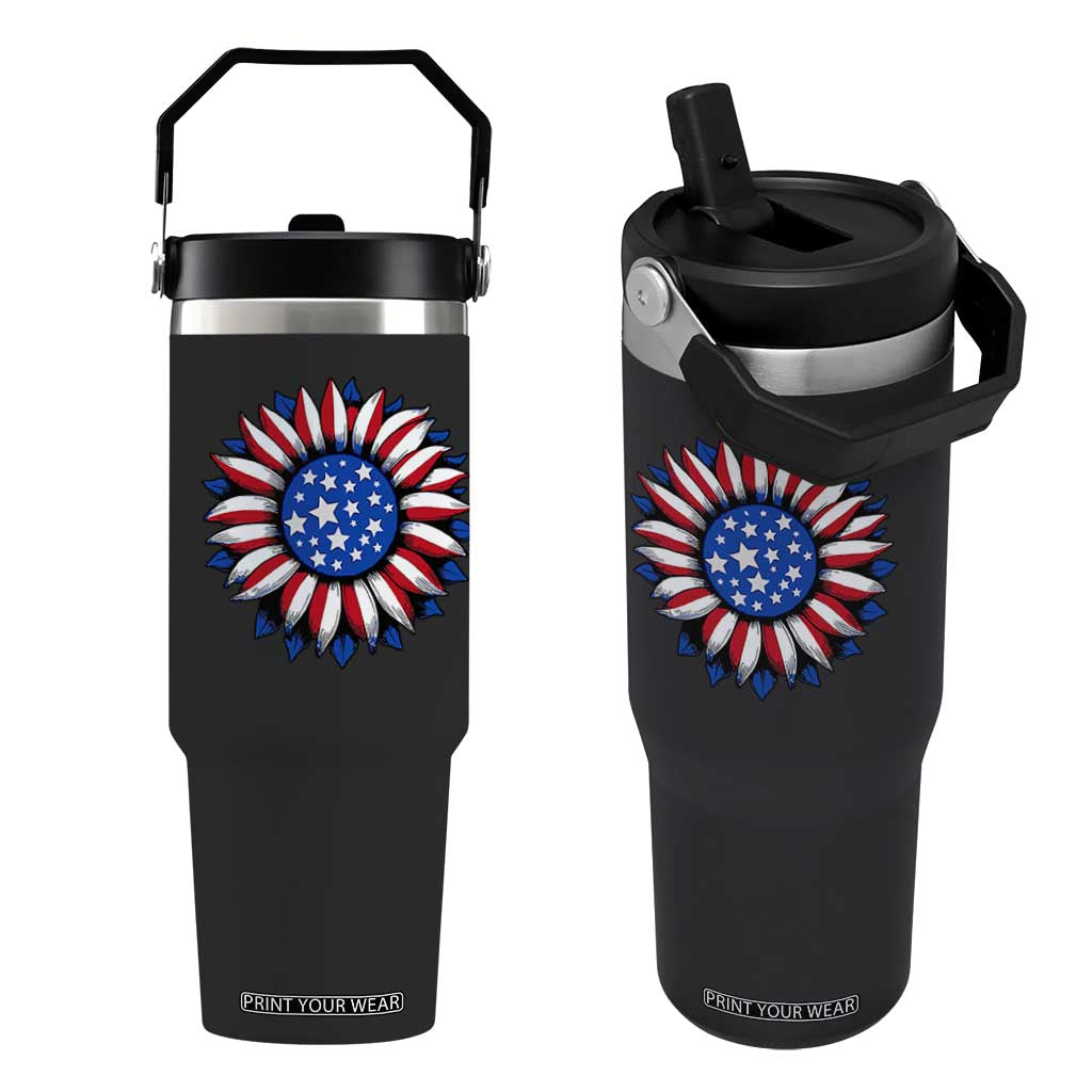 Sunflower American Flag Flip Straw Tumbler Floral USA 4th of July Merica TS10 One Size: 30 oz Black Print Your Wear