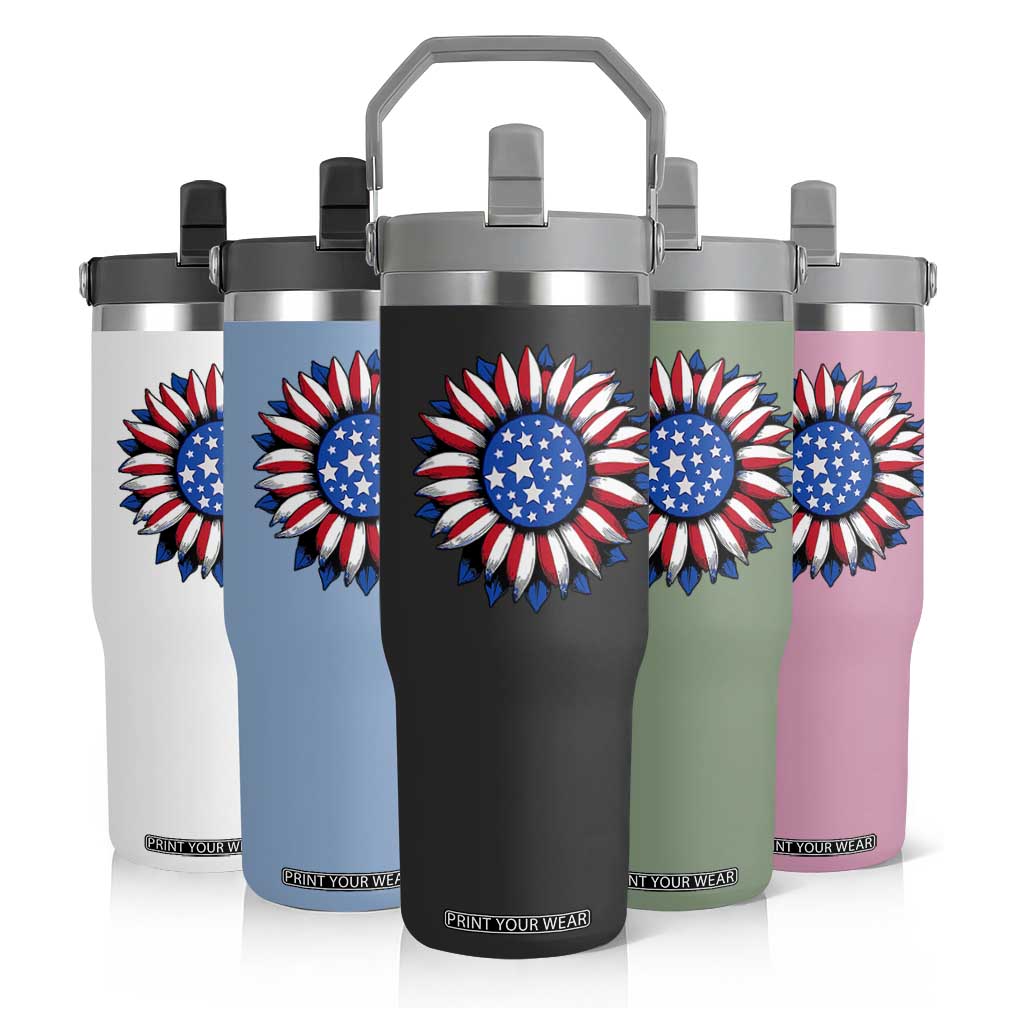 Sunflower American Flag Flip Straw Tumbler Floral USA 4th of July Merica TS10 Print Your Wear