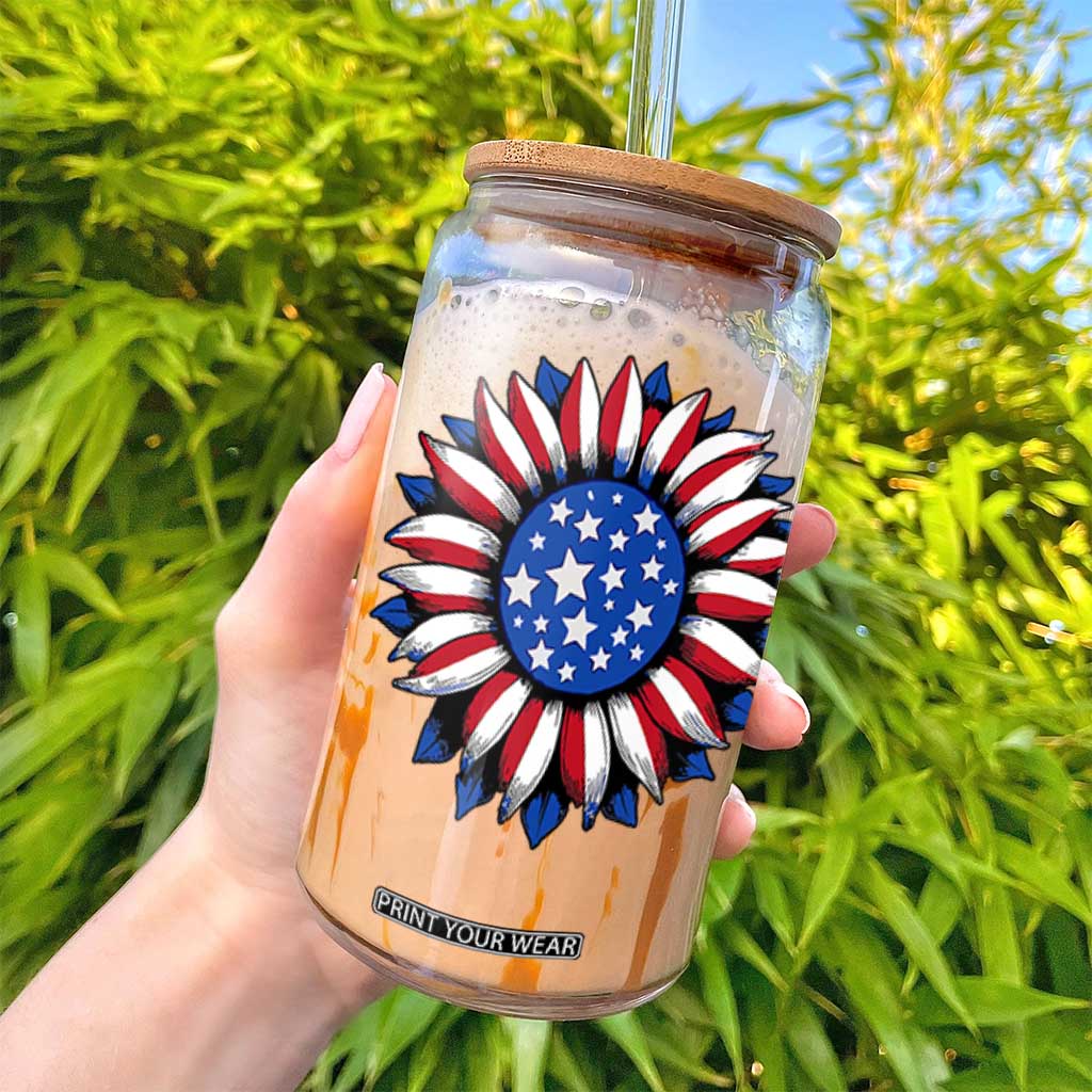 Sunflower American Flag Glass Can Floral USA 4th of July Merica TS10 Print Your Wear
