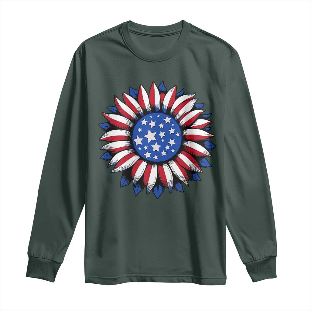 Sunflower American Flag Long Sleeve Shirt Floral USA 4th of July Merica TS10 Dark Forest Green Print Your Wear