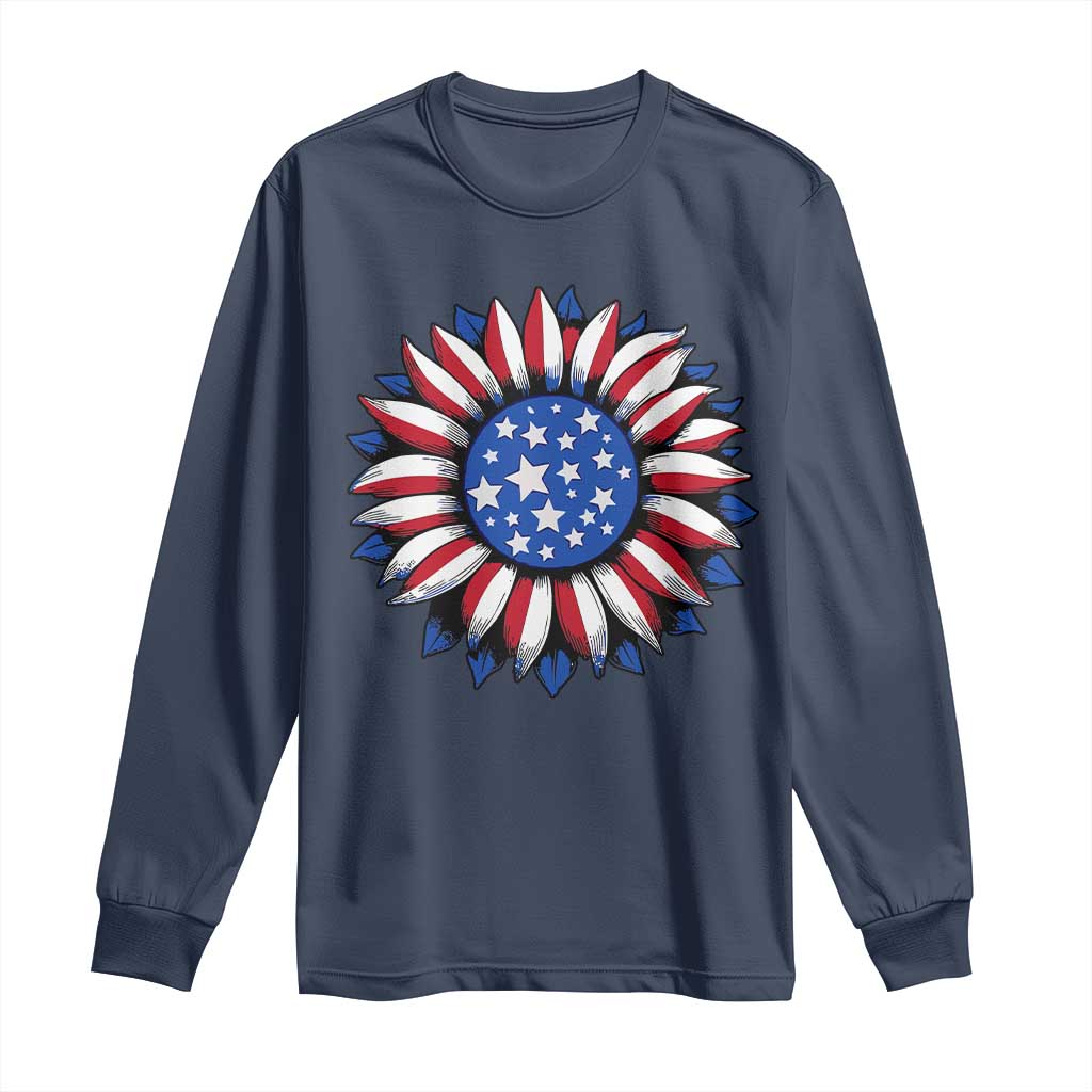 Sunflower American Flag Long Sleeve Shirt Floral USA 4th of July Merica TS10 Navy Print Your Wear