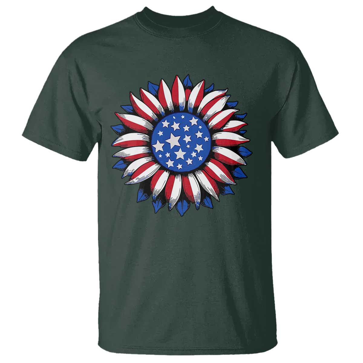 Sunflower American Flag T Shirt Floral USA 4th of July Merica TS10 Dark Forest Green Print Your Wear