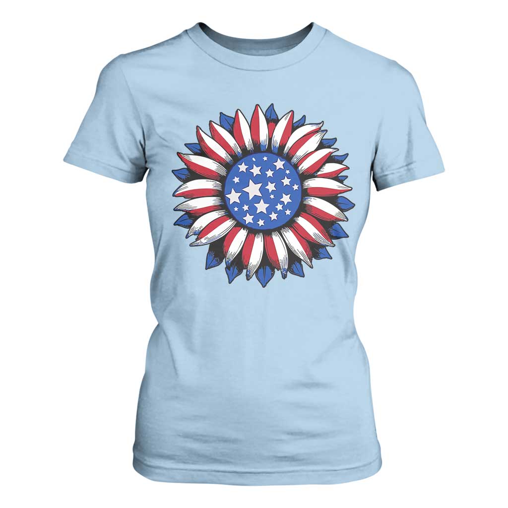 Sunflower American Flag T Shirt For Women Floral USA 4th of July Merica TS10 Light Blue Print Your Wear