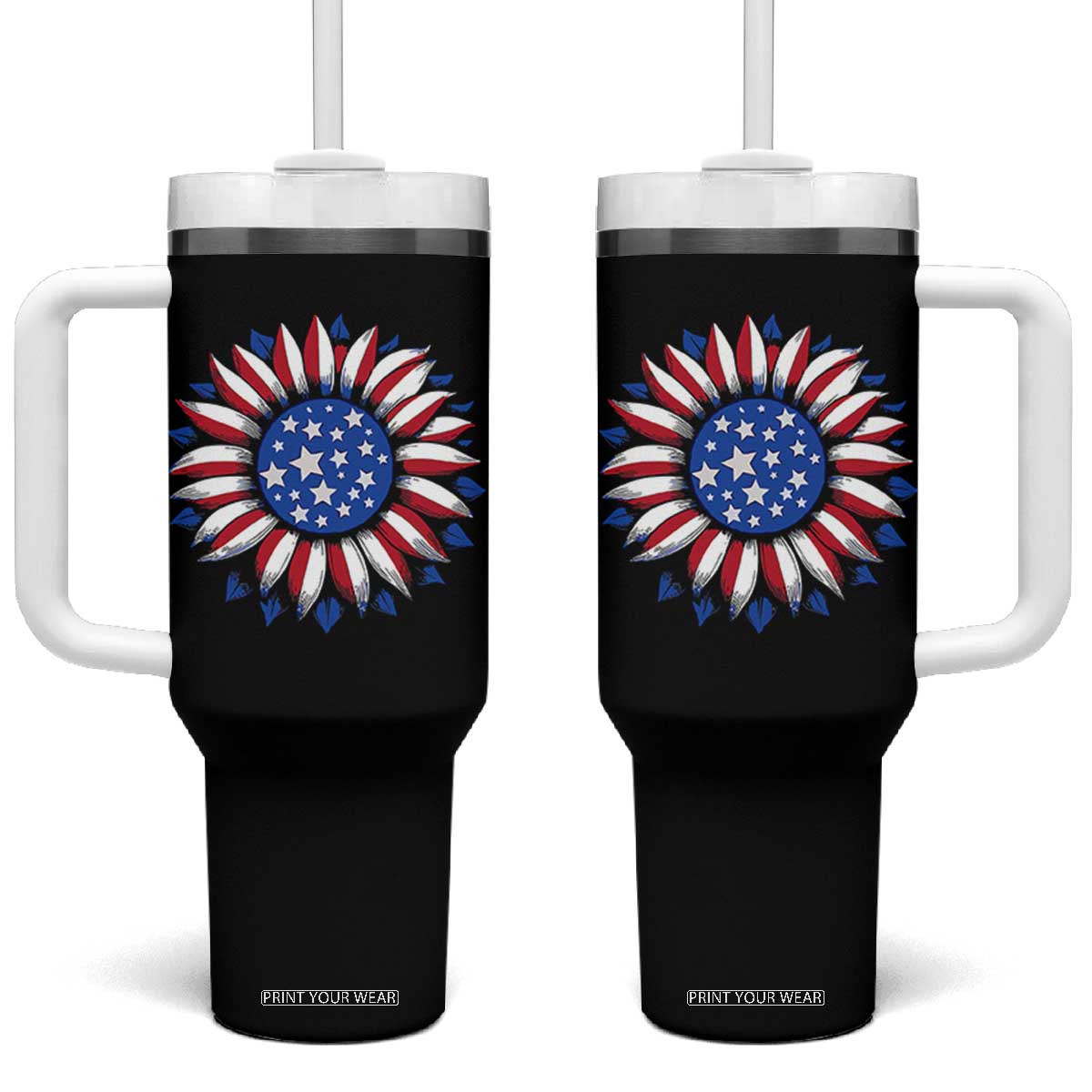 Sunflower American Flag Tumbler With Handle Floral USA 4th of July Merica TS10 One Size: 40 oz Black Print Your Wear