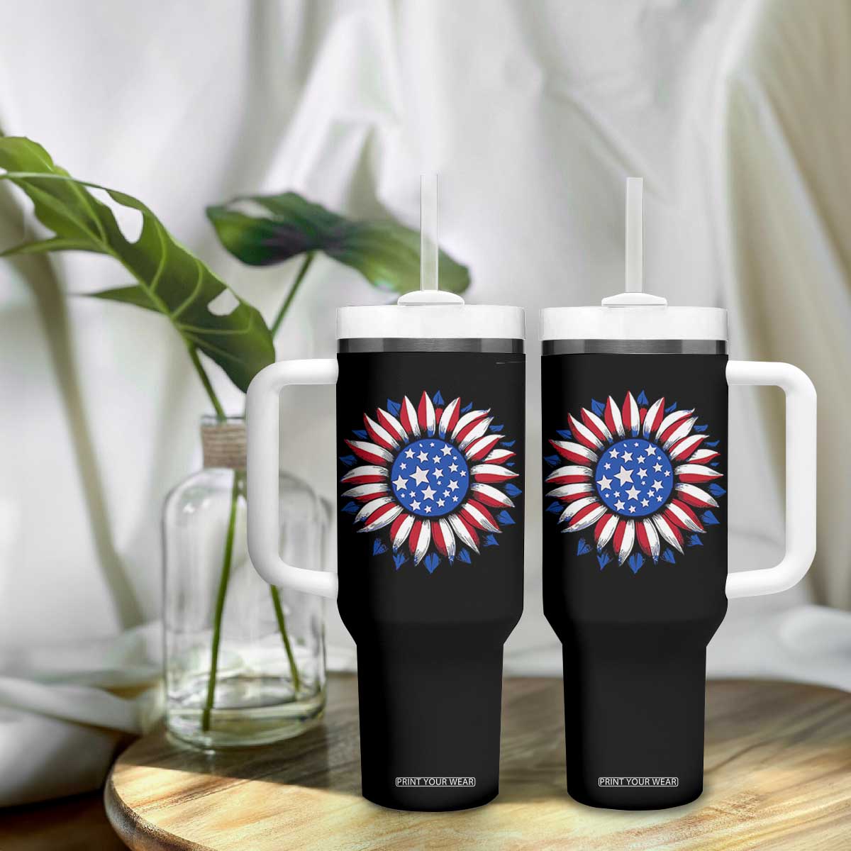 Sunflower American Flag Tumbler With Handle Floral USA 4th of July Merica TS10 Print Your Wear