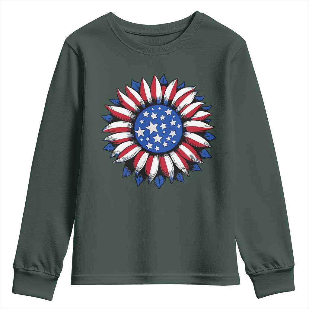 Sunflower American Flag Youth Sweatshirt Floral USA 4th of July Merica TS10 Dark Forest Green Print Your Wear