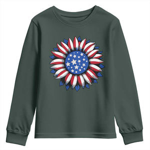 Sunflower American Flag Youth Sweatshirt Floral USA 4th of July Merica TS10 Dark Forest Green Print Your Wear