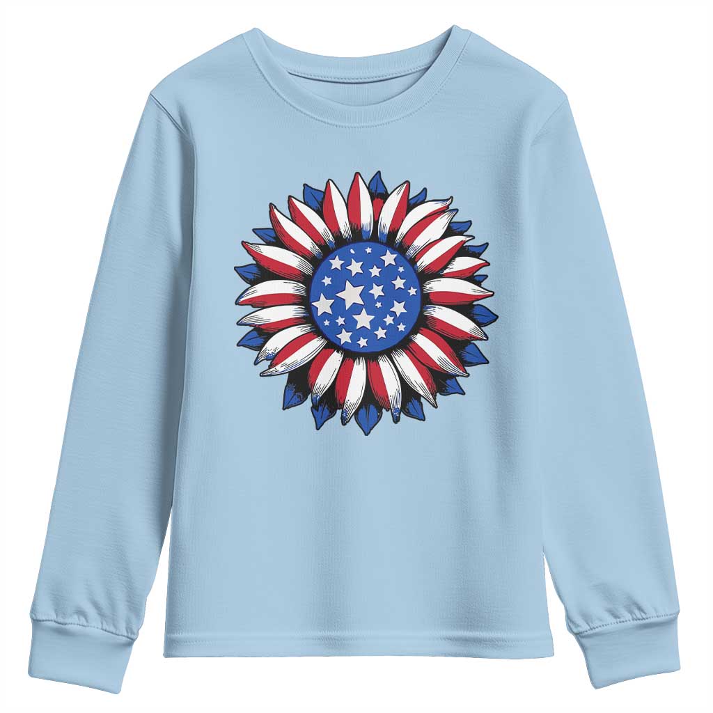 Sunflower American Flag Youth Sweatshirt Floral USA 4th of July Merica TS10 Light Blue Print Your Wear