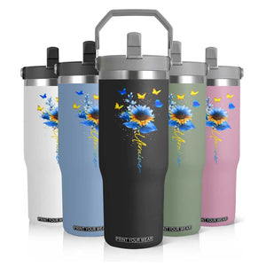 Sunflower Ukraine Flag Flip Straw Tumbler Ukrainian Butterflies Flowers TS10 Print Your Wear