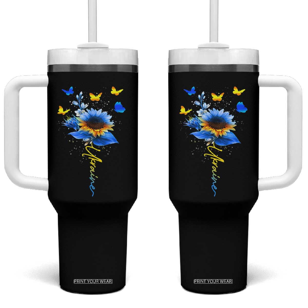 Sunflower Ukraine Flag Tumbler With Handle Ukrainian Butterflies Flowers TS10 One Size: 40 oz Black Print Your Wear
