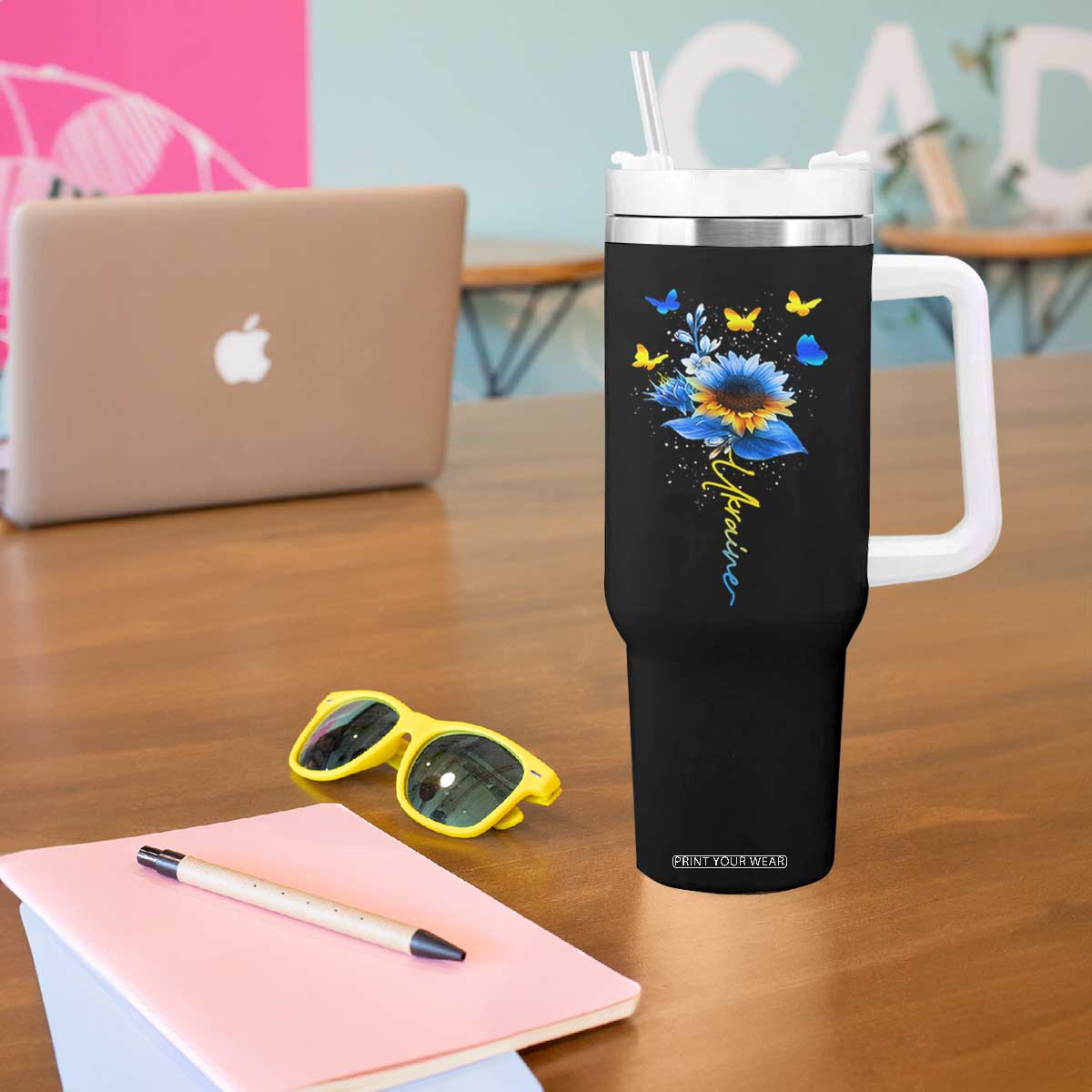 Sunflower Ukraine Flag Tumbler With Handle Ukrainian Butterflies Flowers TS10 Print Your Wear