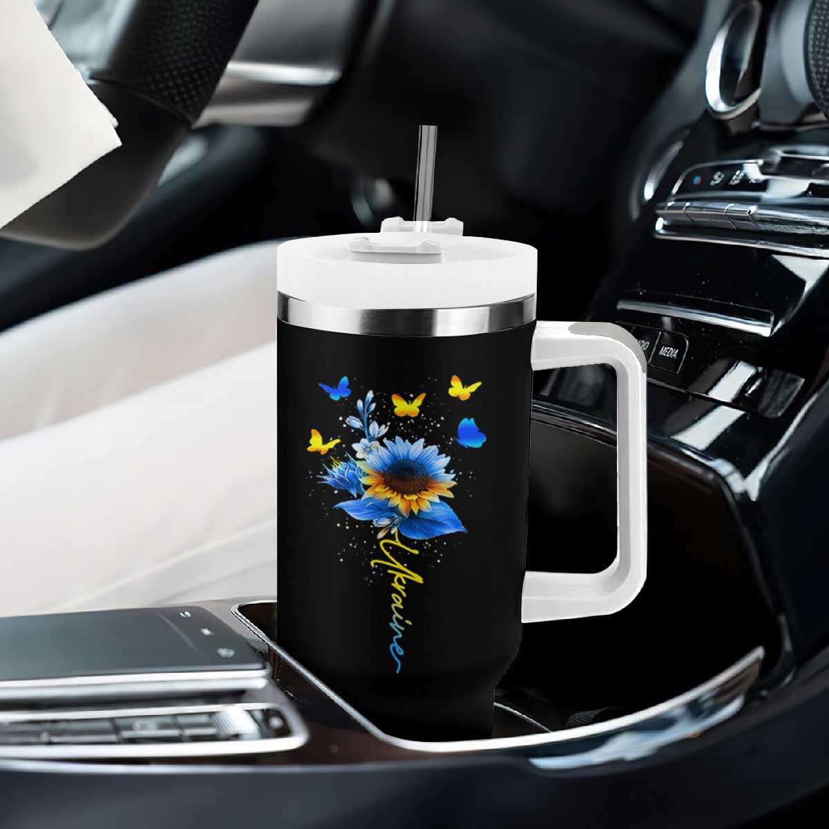 Sunflower Ukraine Flag Tumbler With Handle Ukrainian Butterflies Flowers TS10 Print Your Wear