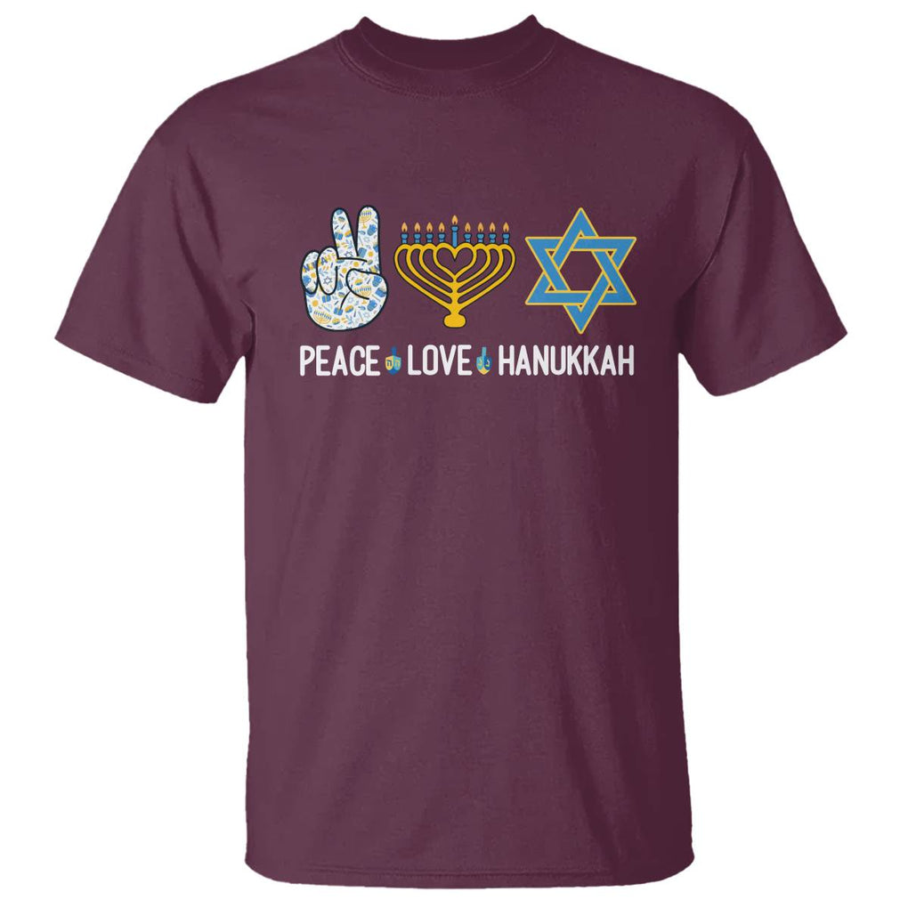 Peace Love Hanukkah Retro Chanukah Jewish Menorah Star of David T Shirt TS02 Maroon Printyourwear
