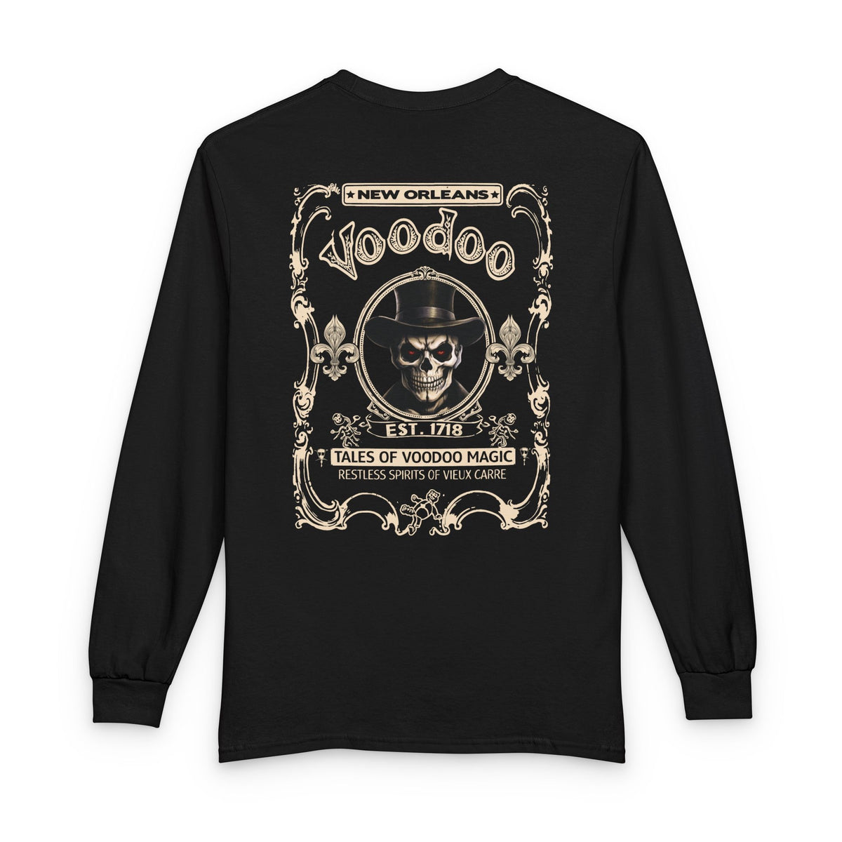 On Back New Orleans Voodoo Long Sleeve Shirt Tales Of Voodoo Magic Skull Spooky Hoodoo Rootworker TS11 Black Print Your Wear