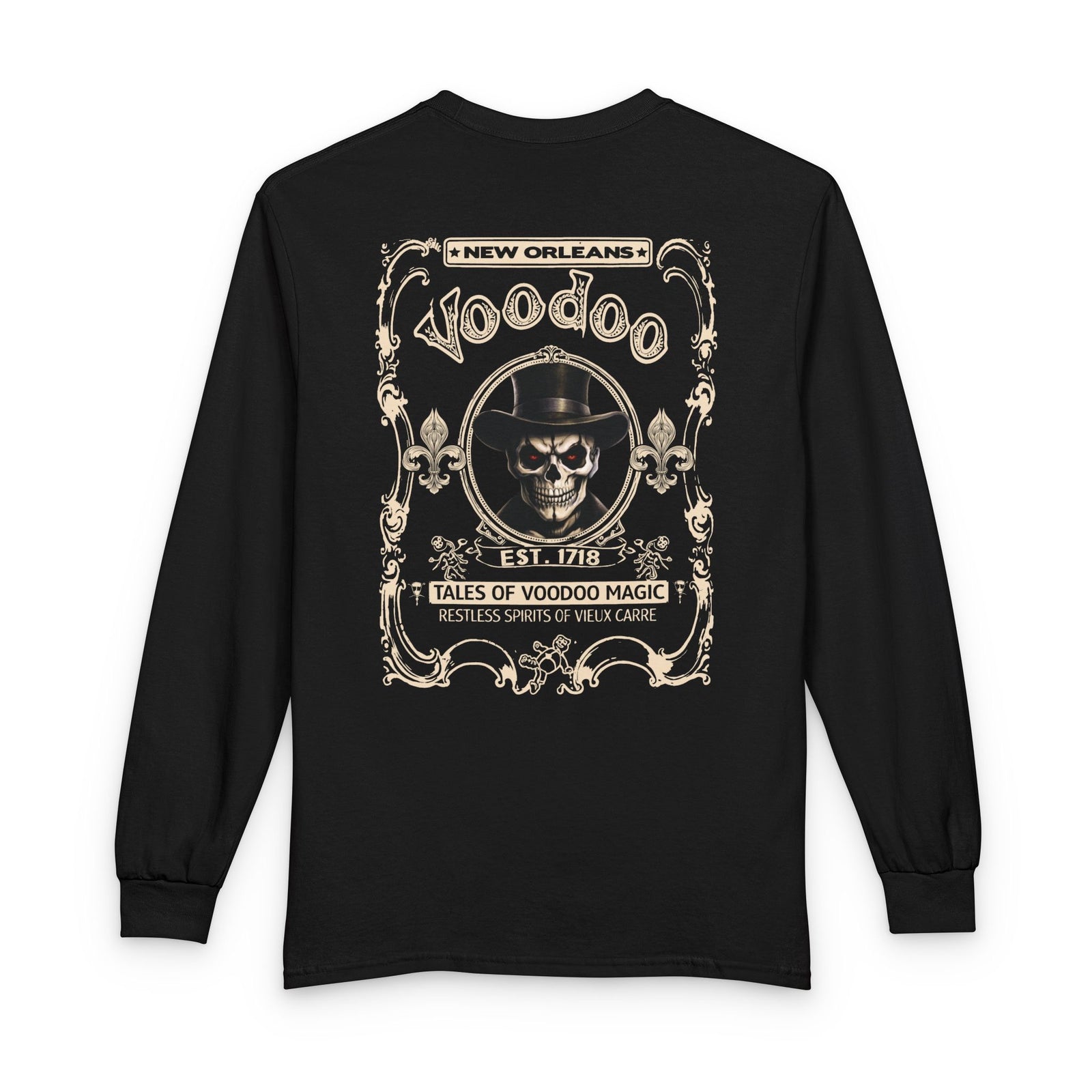 On Back New Orleans Voodoo Long Sleeve Shirt Tales Of Voodoo Magic Skull Spooky Hoodoo Rootworker TS11 Black Print Your Wear