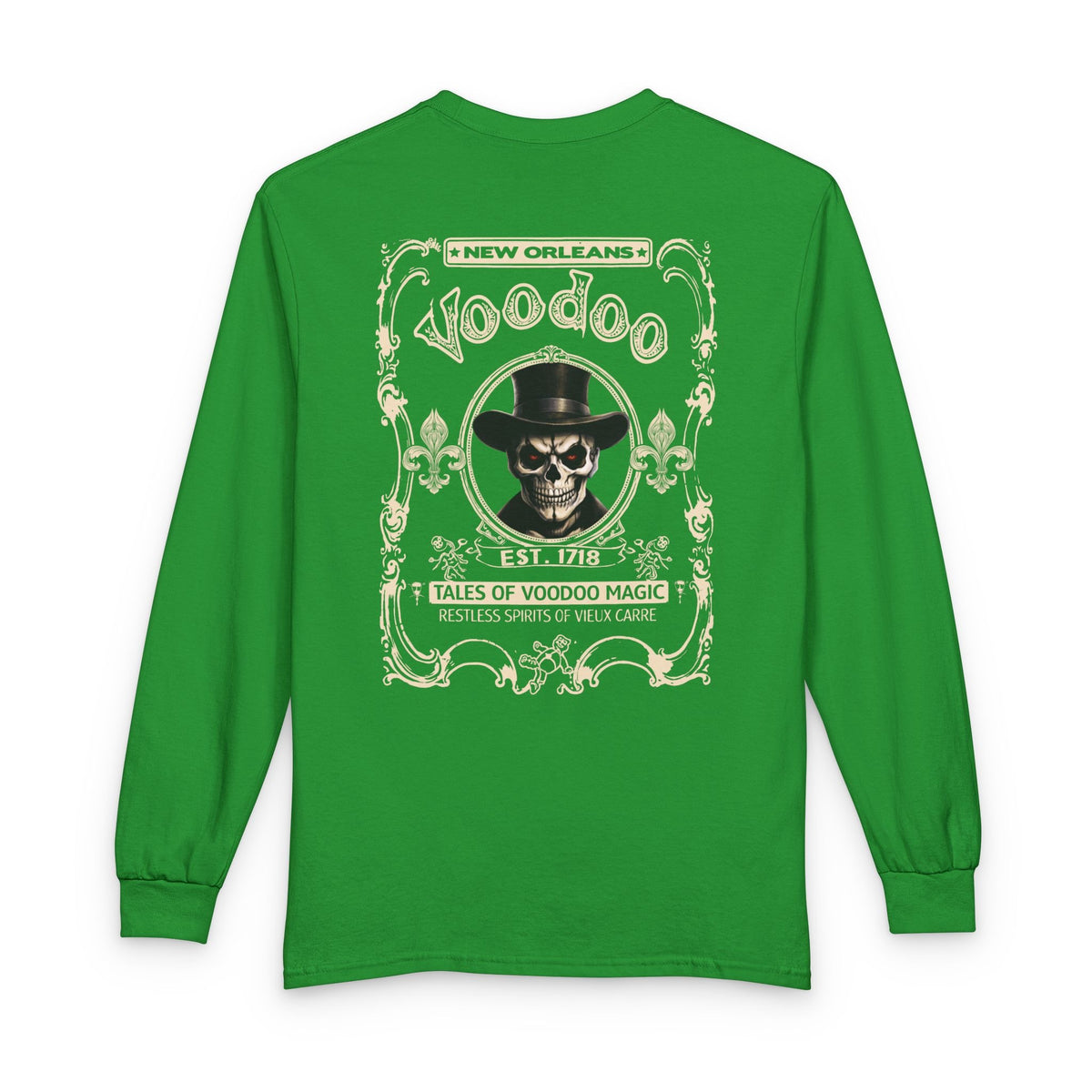 On Back New Orleans Voodoo Long Sleeve Shirt Tales Of Voodoo Magic Skull Spooky Hoodoo Rootworker TS11 Irish Green Print Your Wear