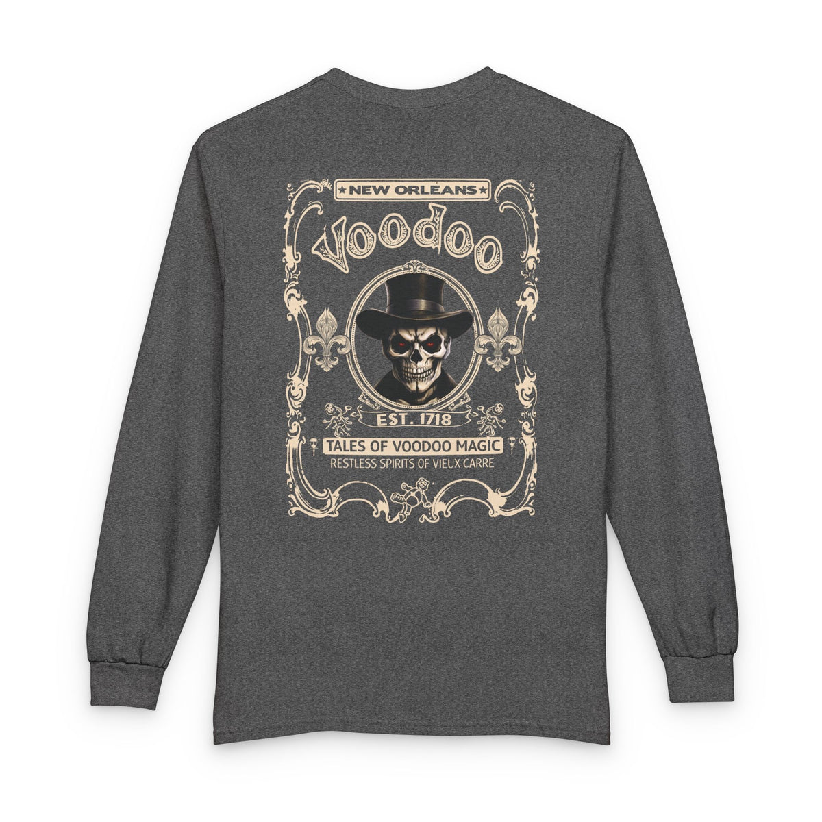 On Back New Orleans Voodoo Long Sleeve Shirt Tales Of Voodoo Magic Skull Spooky Hoodoo Rootworker TS11 Graphite Heather Print Your Wear
