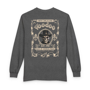 On Back New Orleans Voodoo Long Sleeve Shirt Tales Of Voodoo Magic Skull Spooky Hoodoo Rootworker TS11 Graphite Heather Print Your Wear