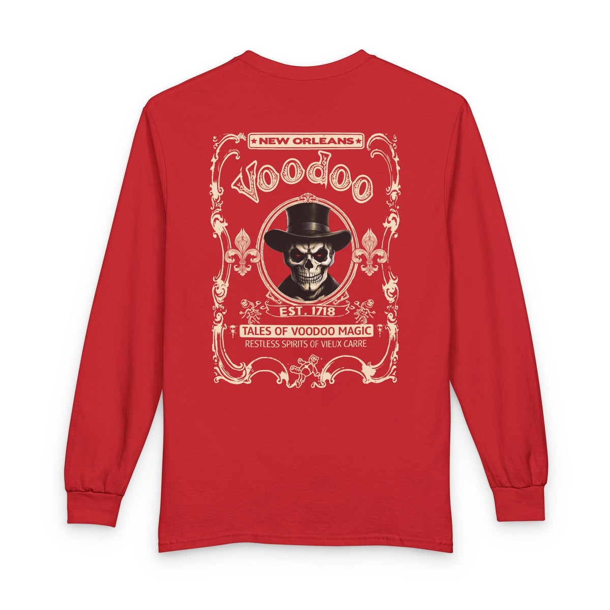 On Back New Orleans Voodoo Long Sleeve Shirt Tales Of Voodoo Magic Skull Spooky Hoodoo Rootworker TS11 Red Print Your Wear