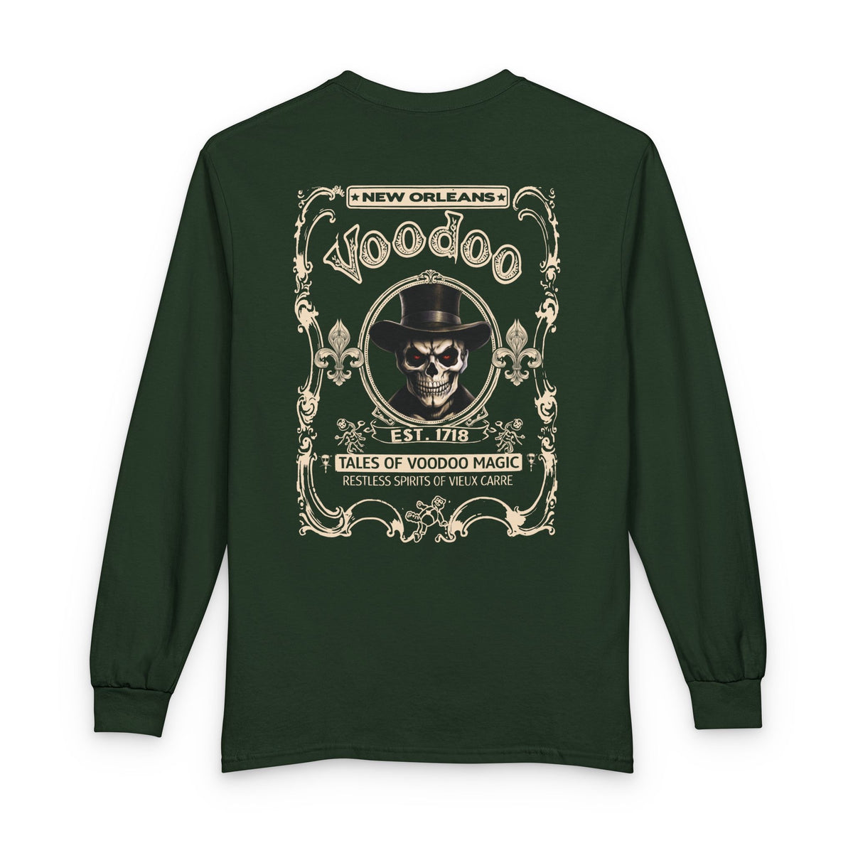 On Back New Orleans Voodoo Long Sleeve Shirt Tales Of Voodoo Magic Skull Spooky Hoodoo Rootworker TS11 Dark Forest Green Print Your Wear
