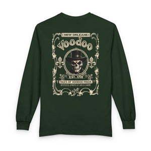 On Back New Orleans Voodoo Long Sleeve Shirt Tales Of Voodoo Magic Skull Spooky Hoodoo Rootworker TS11 Dark Forest Green Print Your Wear