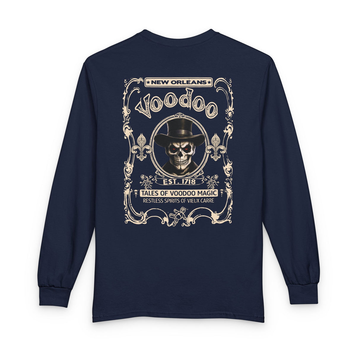 On Back New Orleans Voodoo Long Sleeve Shirt Tales Of Voodoo Magic Skull Spooky Hoodoo Rootworker TS11 Navy Print Your Wear
