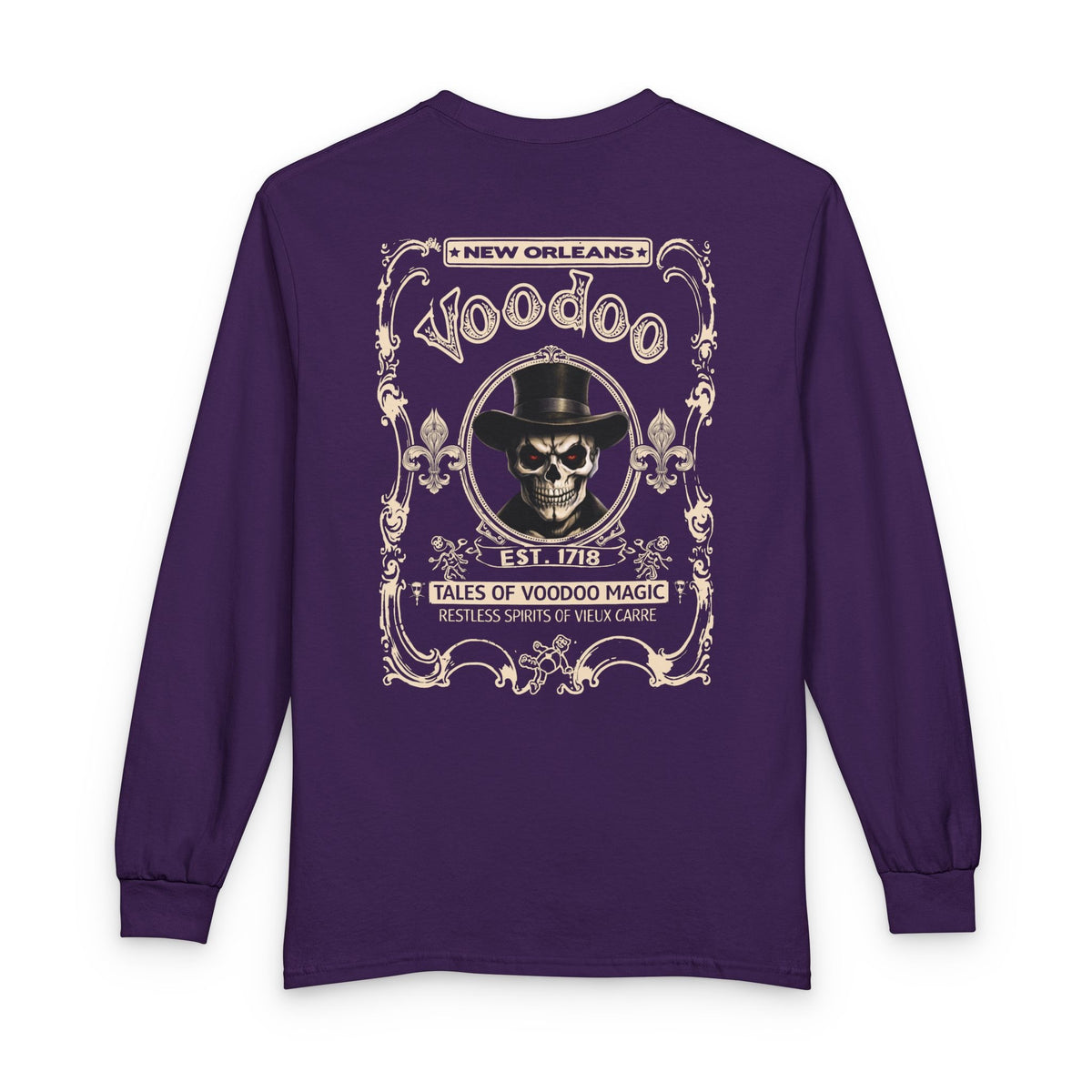 On Back New Orleans Voodoo Long Sleeve Shirt Tales Of Voodoo Magic Skull Spooky Hoodoo Rootworker TS11 Purple Print Your Wear