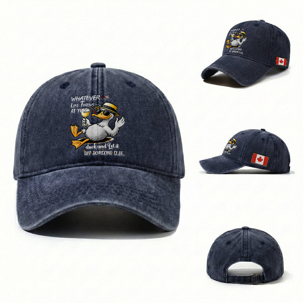 Customer Request – Funny Duck Sarcastic Quote Canada Flag Washed Cotton Baseball Cap TS12 Washed Cap Universal Fit CA-Navy Print Your Wear