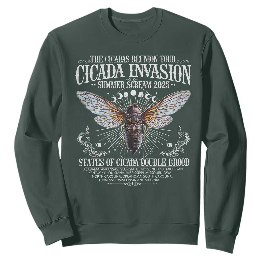 The Cicadas Reunion Tour 2025 Sweatshirt Cicada Invasion Brood XIV Vintage Concert Fest TS11 Dark Forest Green Print Your Wear