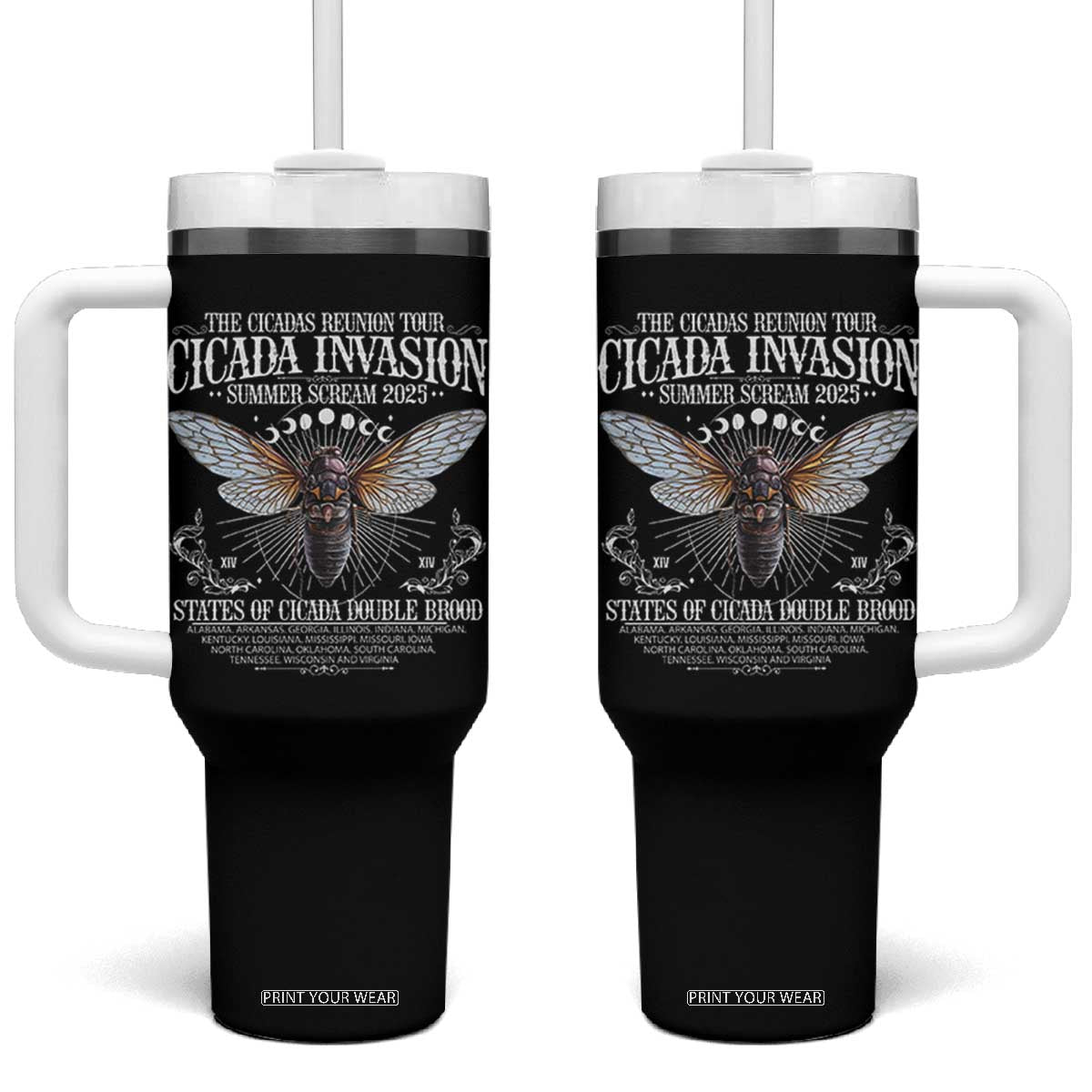 The Cicadas Reunion Tour 2025 Tumbler With Handle Cicada Invasion Brood XIV Vintage Concert Fest TS11 One Size: 40 oz Black Print Your Wear