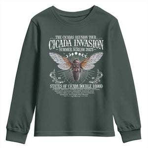 The Cicadas Reunion Tour 2025 Youth Sweatshirt Cicada Invasion Brood XIV Vintage Concert Fest TS11 Dark Forest Green Print Your Wear