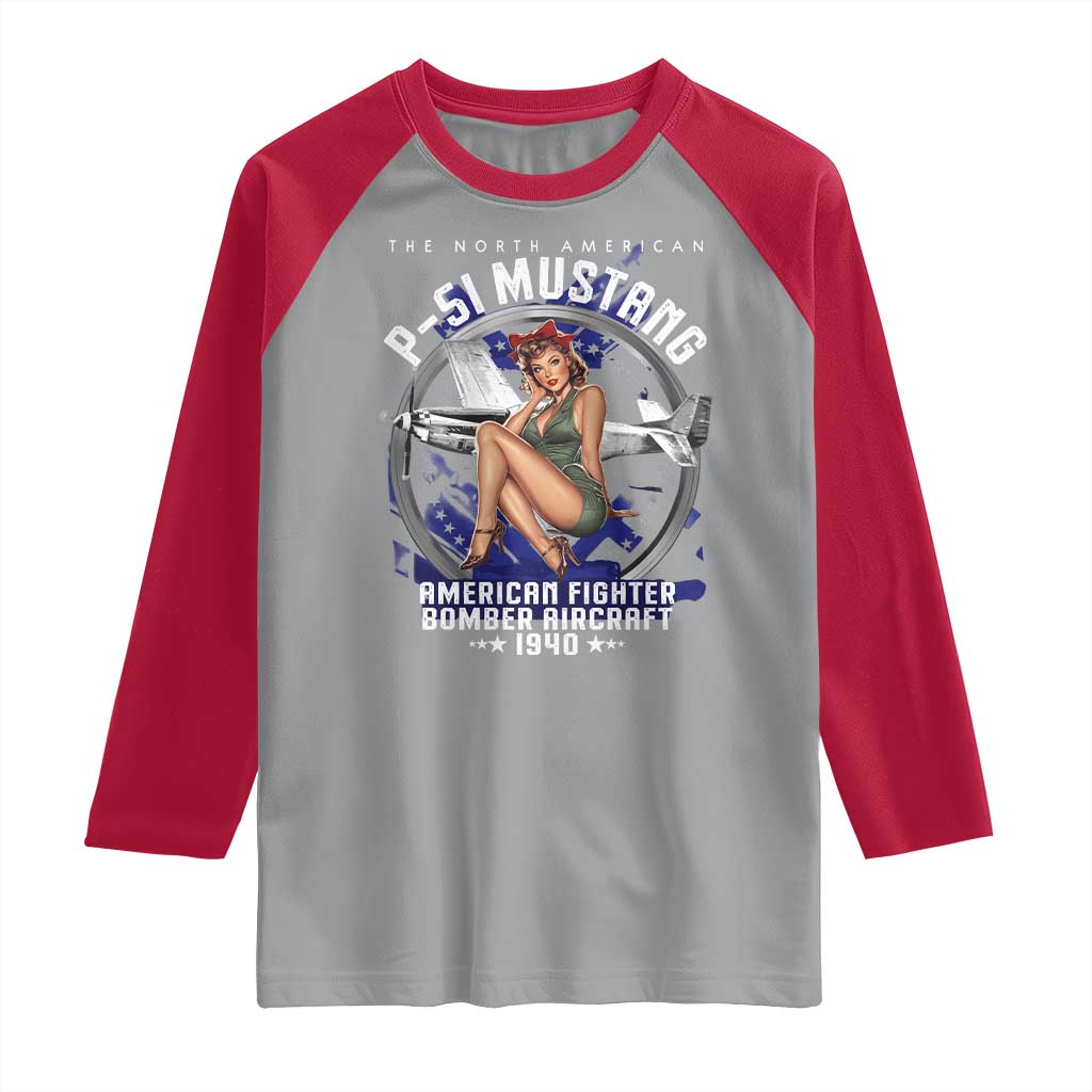The North American P 51 Mustang American Fighter Bomber Aircraft Raglan Shirt WW2 Aircraft Pin Up Girl TS11 Sport Gray Red Print Your Wear