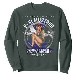The North American P 51 Mustang American Fighter Bomber Aircraft Sweatshirt WW2 Aircraft Pin Up Girl TS11 Dark Forest Green Print Your Wear