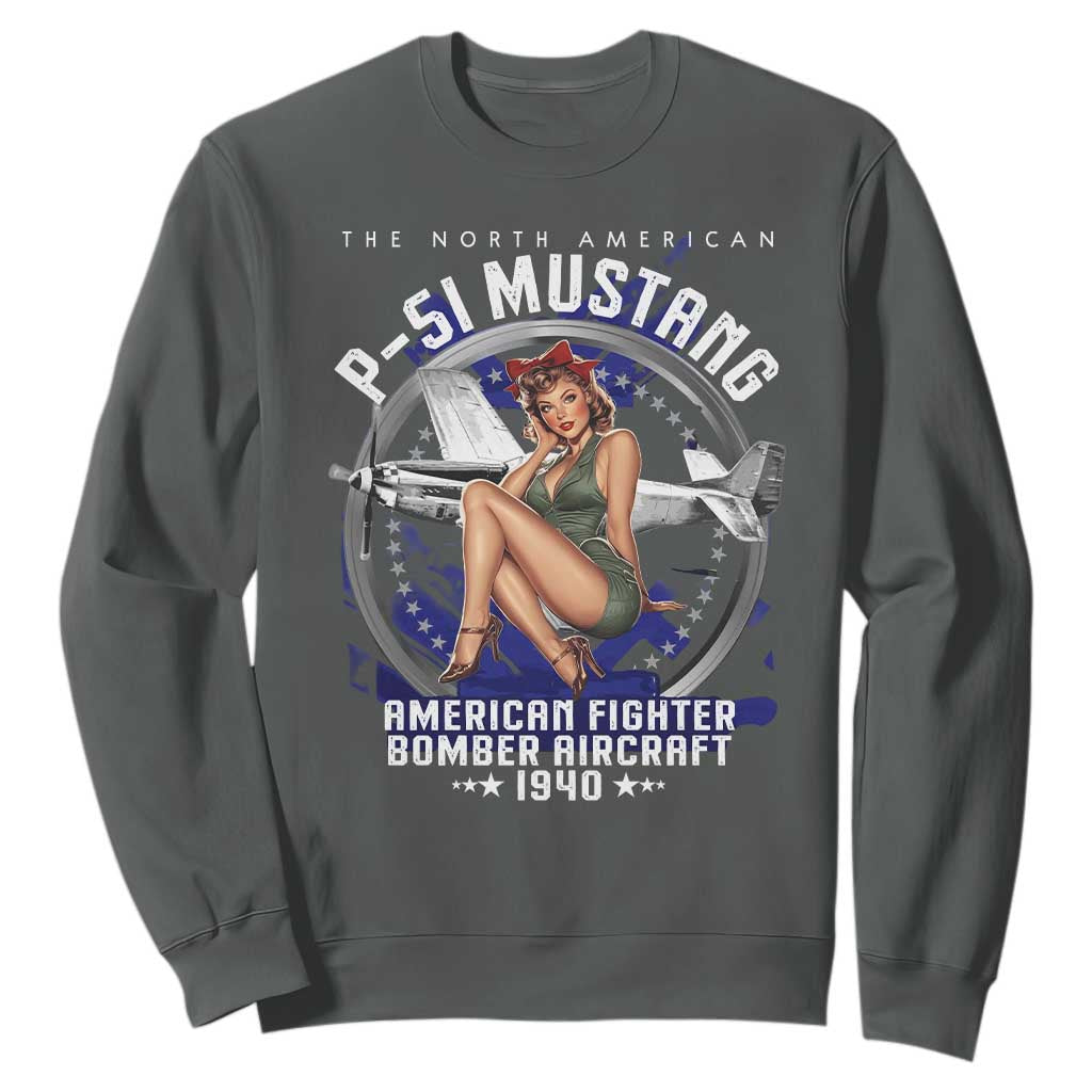 The North American P 51 Mustang American Fighter Bomber Aircraft Sweatshirt WW2 Aircraft Pin Up Girl TS11 Dark Heather Print Your Wear