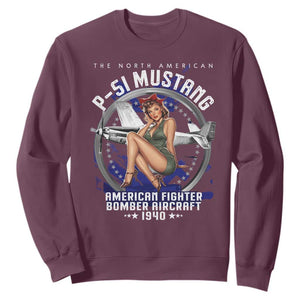 The North American P 51 Mustang American Fighter Bomber Aircraft Sweatshirt WW2 Aircraft Pin Up Girl TS11 Maroon Print Your Wear