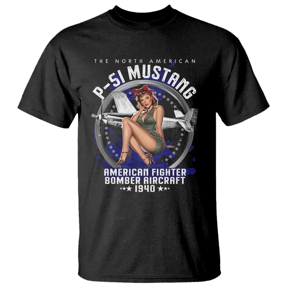 The North American P 51 Mustang American Fighter Bomber Aircraft T Shirt WW2 Aircraft Pin Up Girl TS11 Black Print Your Wear