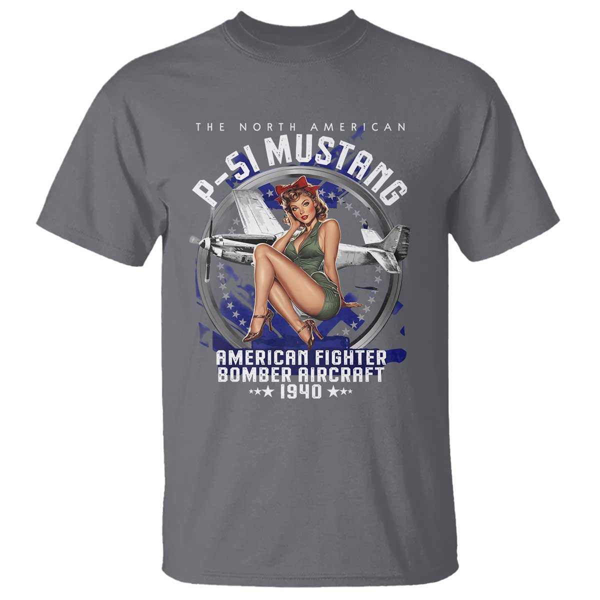 The North American P 51 Mustang American Fighter Bomber Aircraft T Shirt WW2 Aircraft Pin Up Girl TS11 Charcoal Print Your Wear