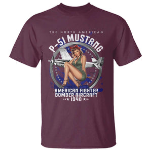 The North American P 51 Mustang American Fighter Bomber Aircraft T Shirt WW2 Aircraft Pin Up Girl TS11 Maroon Print Your Wear