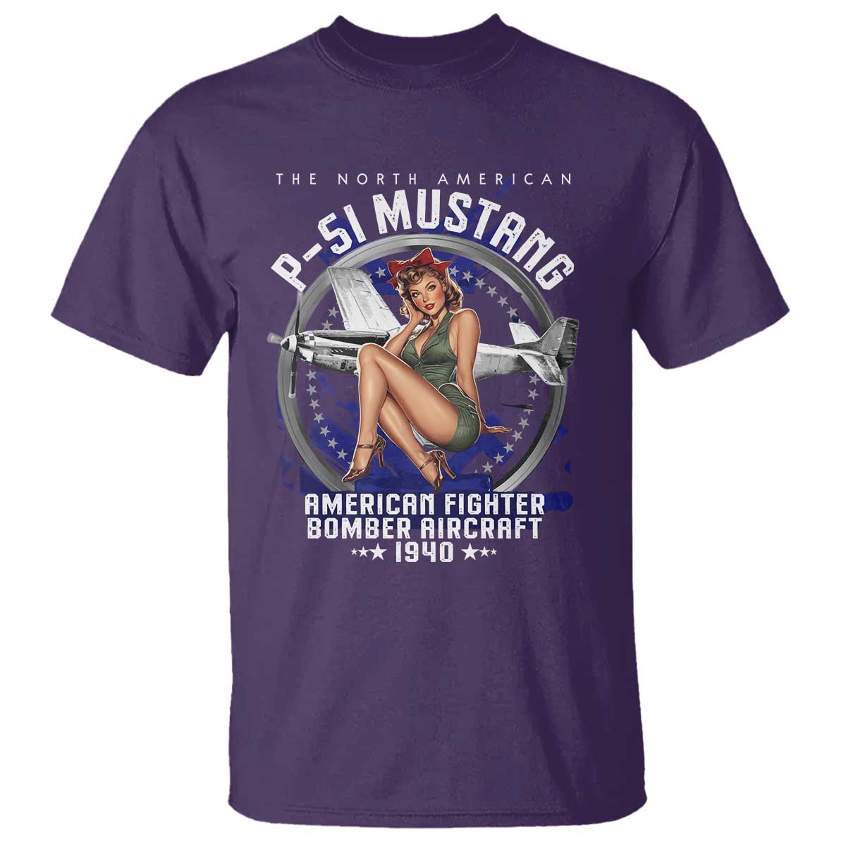 The North American P 51 Mustang American Fighter Bomber Aircraft T Shirt WW2 Aircraft Pin Up Girl TS11 Purple Print Your Wear