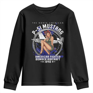 The North American P 51 Mustang American Fighter Bomber Aircraft Youth Sweatshirt WW2 Aircraft Pin Up Girl TS11 Black Print Your Wear